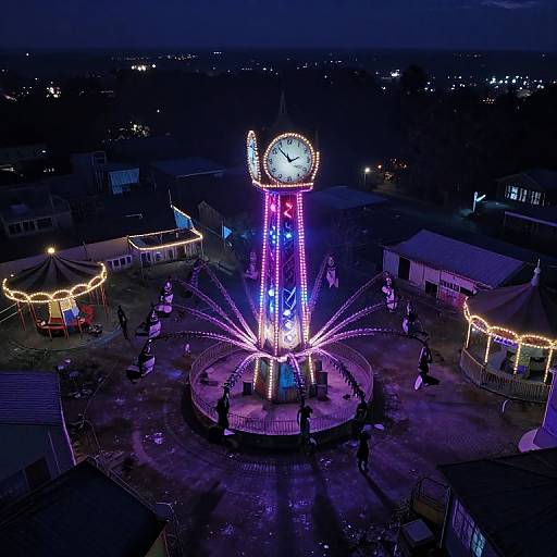Aerial photograph of a brightly lit, neon purple and blue Ferris wheel with a clock face at its top, surrounded by carnival lights and tents at