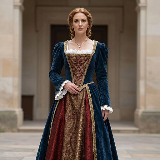 Photograph of a red-haired woman in a Renaissance-style navy velvet gown with gold trim, standing in front of a stone building.
