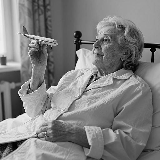 Elderly Woman in Bed with Airplane