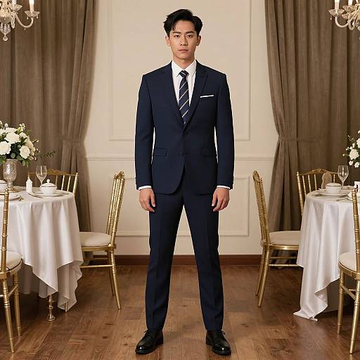 Photograph of an Asian man in a dark navy suit, white shirt, and black tie, standing in an elegant dining room with gold chairs, white