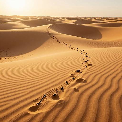 Aerial photograph of sunlit, rippled sand dunes with a trail of small footprints and scattered shadows leading into the distance.