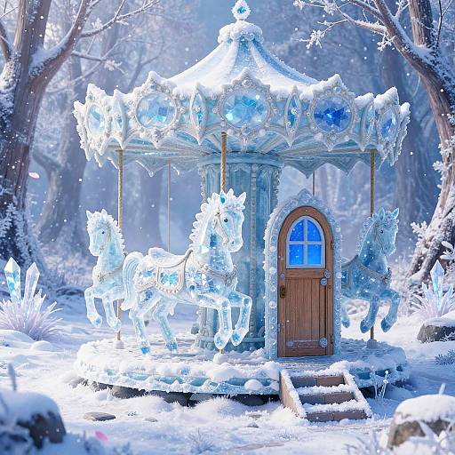 Frosted, blue-lit carousel house with glowing horse sculptures and a wooden door, set in a snowy forest. Digital artwork.