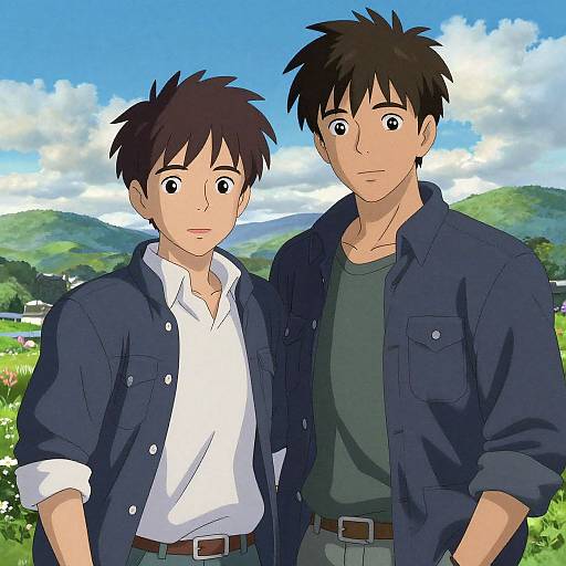 Anime-style digital drawing of two young men with spiky black hair, wearing blue shirts, standing in a green, mountainous field.