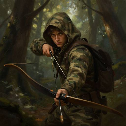 Photograph-style digital art of a focused young archer in camo hoodie, forest background, drawing a bow with intense expression.