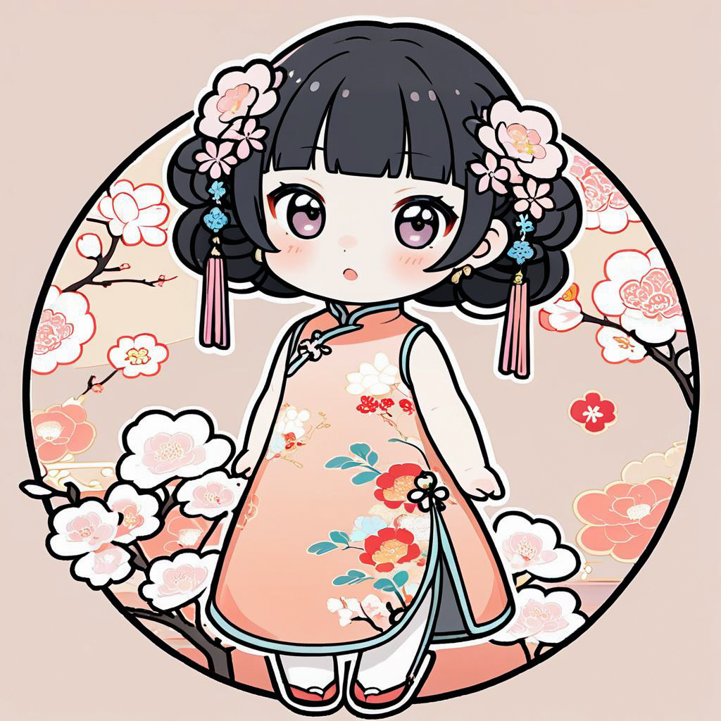 Chibi Style Blushing Girl in Cheongsam