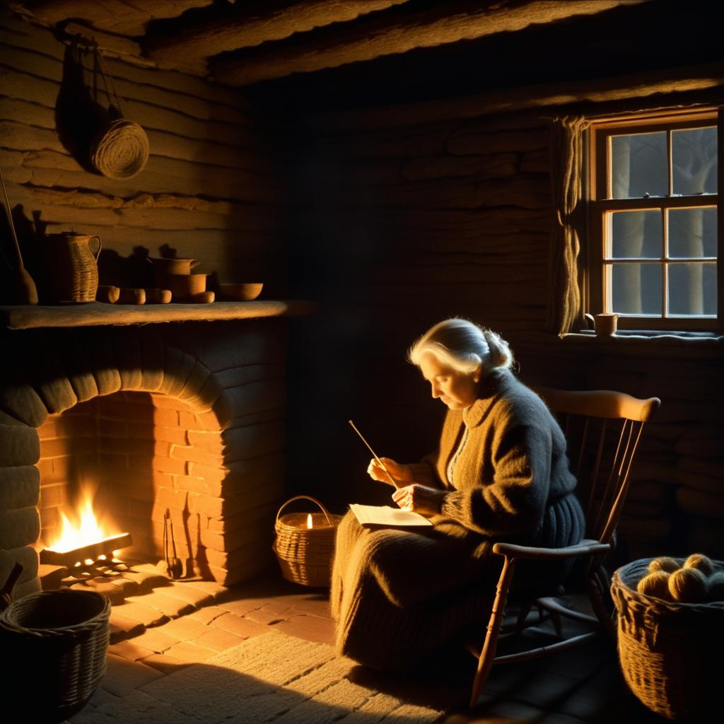 Cozy Cabin Scene with Knitting Woman