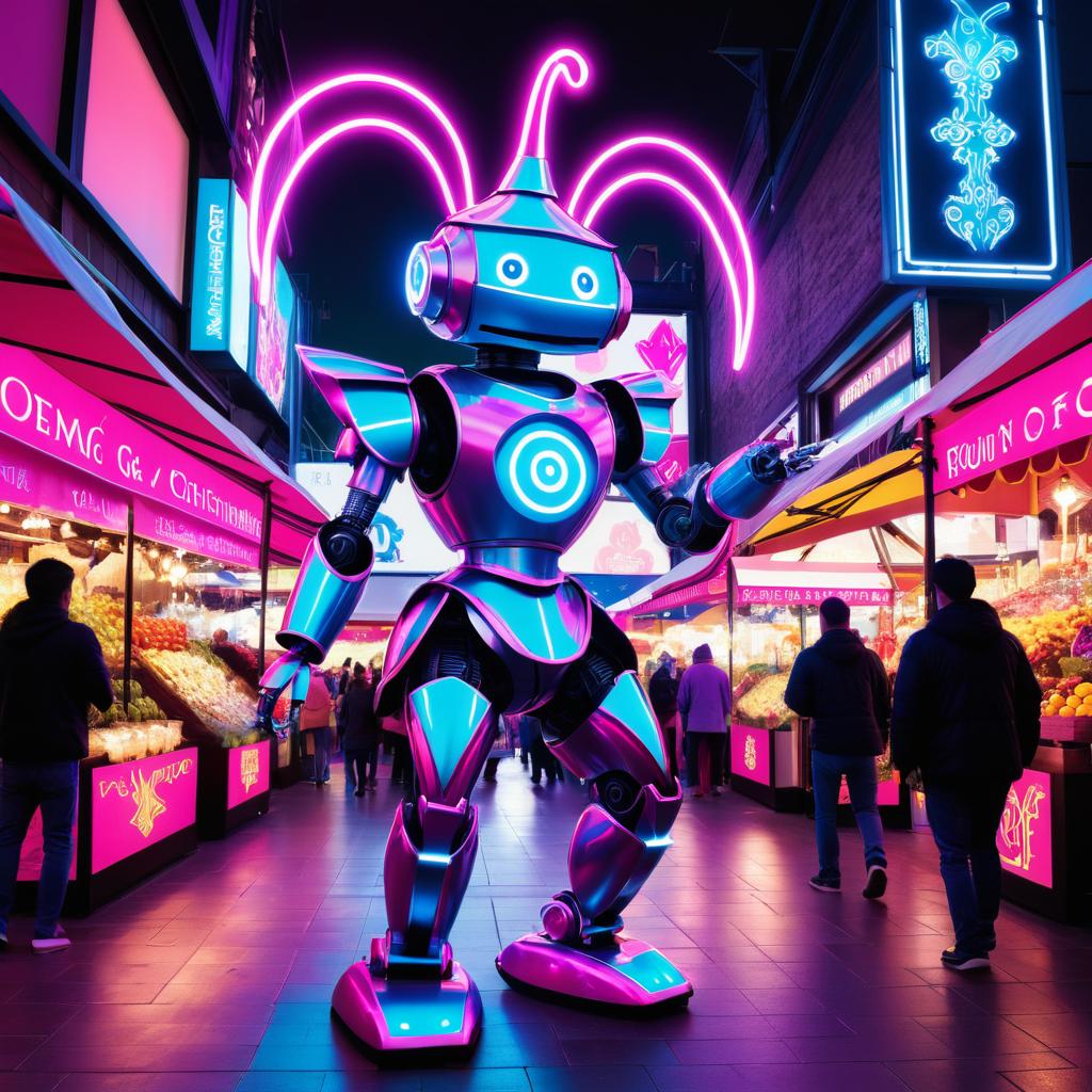 Whimsical Robot Jester in Neon Market