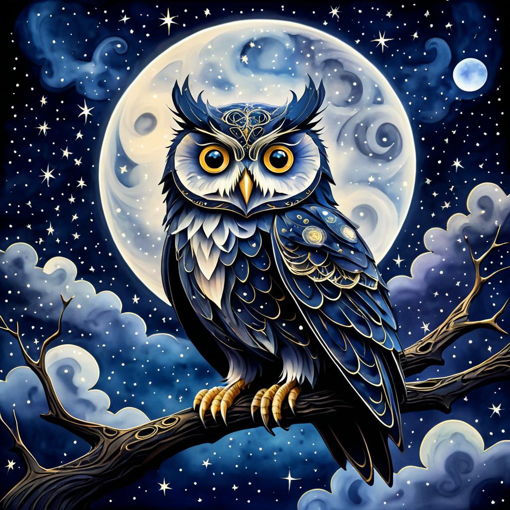 Mystical Owl in Starry Night Artwork