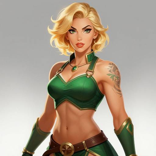 Digital illustration of a blonde, green-eyed woman with short hair, green crop top, green arm bracers, and a tattooed arm. She wears