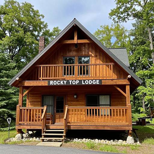 Photograph of a rustic wooden cabin with a 
