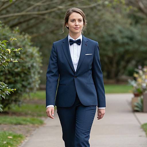 Photograph of a young woman in a navy blue tuxedo with a white shirt and black bow tie, walking down a garden path with greenery