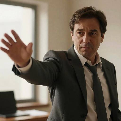 Intense Man in Gray Suit with Open Hand