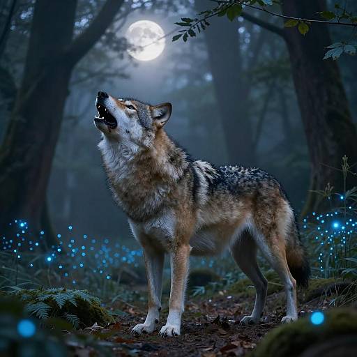 Wolf Howling at Moonlit Enchanted Forest