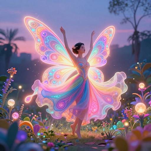 Digital artwork of a glowing, neon butterfly fairy with colorful wings, dancing in a vibrant, magical garden at twilight.
