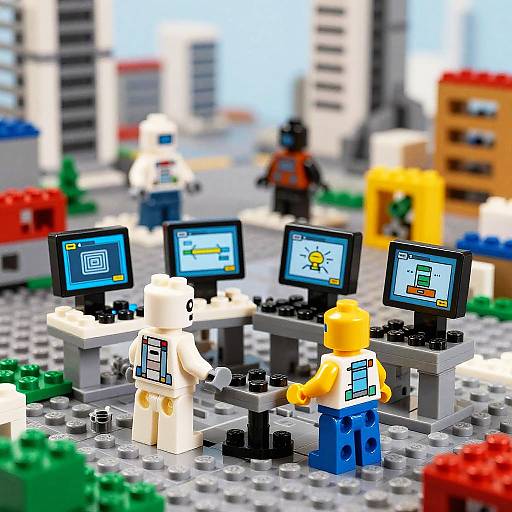 Futuristic Lego Robots in Cityscape