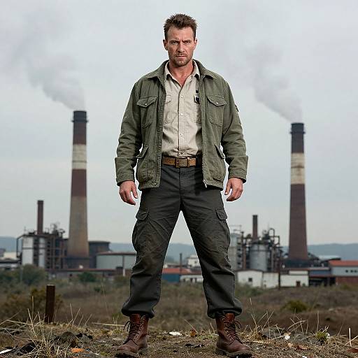 Photograph of a muscular, bearded man with short brown hair, wearing a green jacket, white shirt, black pants, and brown boots, standing