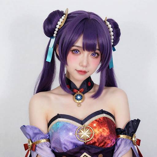 Cosplay of Genshin Impact Character Aether with Purple Hair