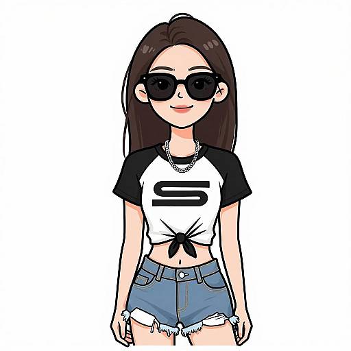Digital anime-style drawing of a cute young woman with long brown hair, wearing black sunglasses, a tied white and black raglan shirt, and frayed