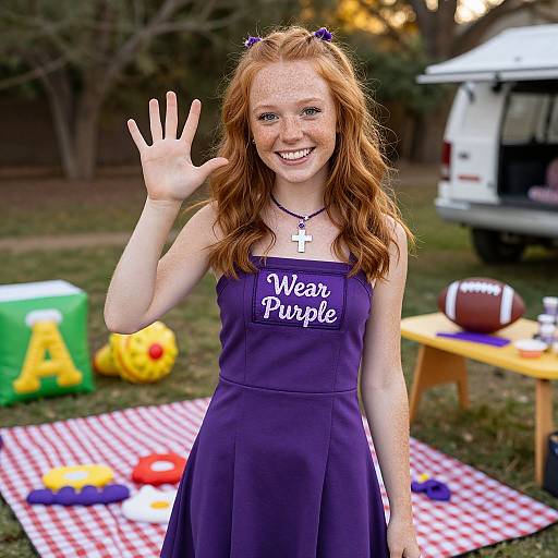 Photograph of a smiling, freckled red-haired woman in a purple 