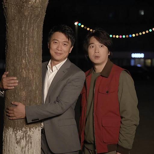 Two Men Standing by Tree at Night