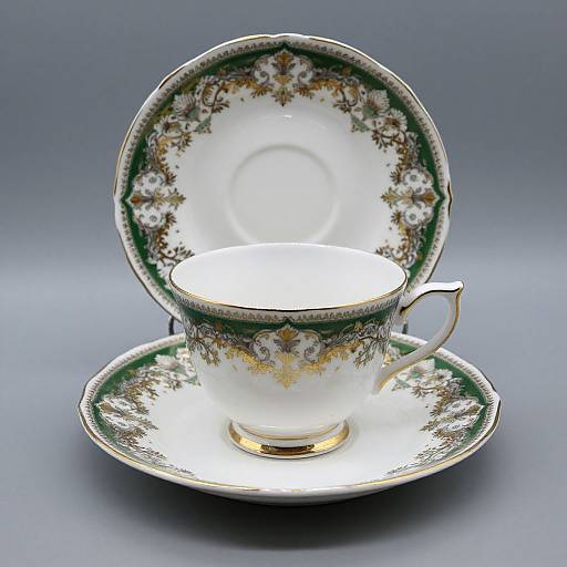 Photograph of an elegant, vintage tea set featuring a white porcelain teacup with gold trim, green floral patterns, and matching saucer and plate