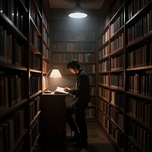 Photograph of a solitary, dark-haired man in a suit, intensely reading under a glowing desk lamp in a dimly lit, narrow library aisle filled