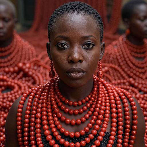 Photograph of a dark-skinned woman with braided hair, wearing multiple red beaded necklaces and earrings, surrounded by blurred figures in matching red