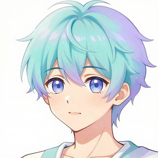 Digital anime-style portrait of a young boy with light blue, shaggy hair and large, vibrant blue eyes, wearing a light blue shirt, against