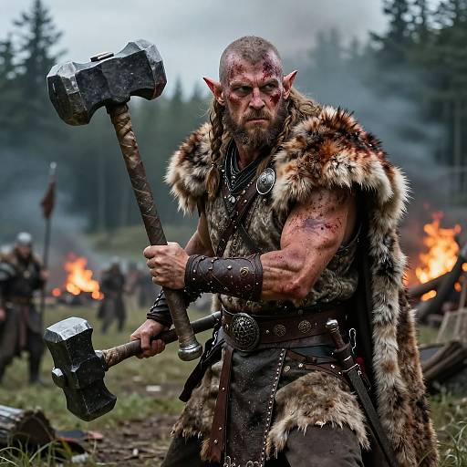 Photograph of a muscular, bald, fierce-looking orc warrior with pointed ears, fur cloak, leather armor, and two large, silver-headed hammers
