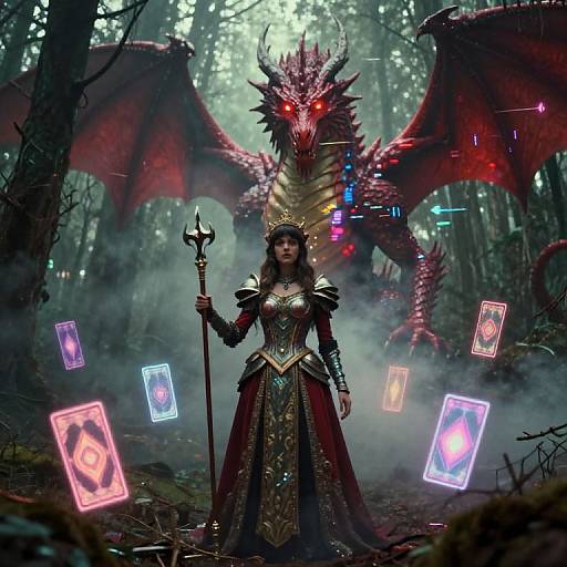 Digital fantasy artwork: Dark-haired woman in ornate red and gold armor with a trident, standing before a glowing red dragon in a misty forest