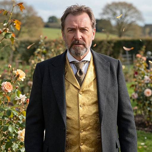 Middle-aged man with gray beard and mustache, wearing a black blazer and golden vest, stands in a blooming garden. Photograph.