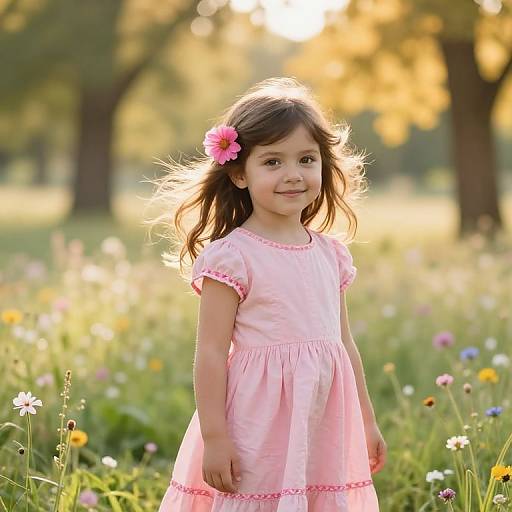 Photograph of a young girl with brown hair, wearing a pink dress and pink flower hairclip, standing in a sunlit meadow filled with colorful