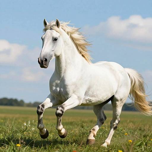 Photograph of a powerful, white horse with a flowing mane and tail, galloping through a lush, green meadow under a bright blue sky