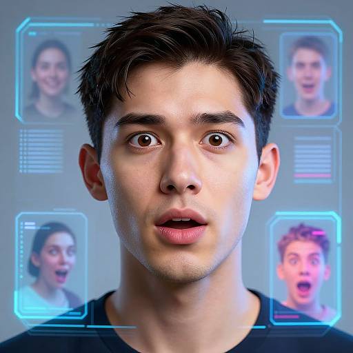 Digital CGI image of a shocked young man with short dark hair, brown eyes, and fair skin, surrounded by glowing blue holographic portraits of three expressive