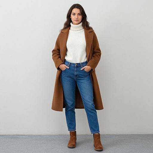 Photograph of a confident woman with long dark hair, wearing a brown coat, white turtleneck, blue jeans, and brown boots, standing against