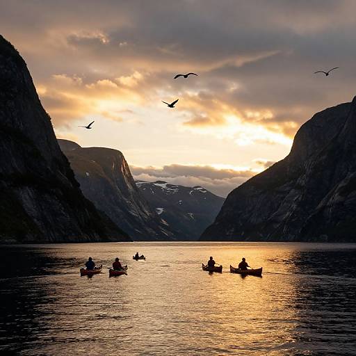 Photograph of silhouetted kayakers paddling on a reflective, golden-hued lake between towering mountains at sunset, with birds flying overhead.