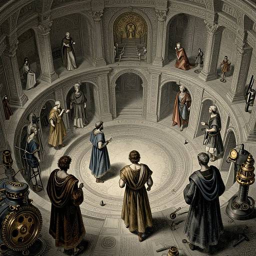 Digital illustration of a circular Roman amphitheater with robed figures, including a central blue-robed woman, surrounded by stone arches and religious statues