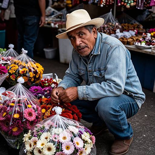Photograph of a middle-aged Latino man in a denim shirt and straw hat, squatting at a flower market, arranging colorful daisies and ch