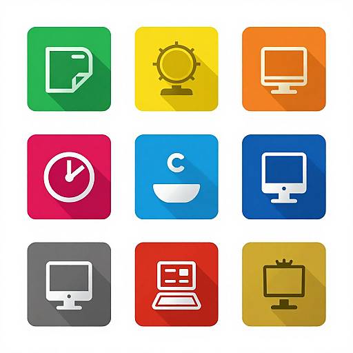 Grid of nine colorful square icons with white symbols: document, globe, monitor, clock, cup, computer, laptop, tablet, and TV, each