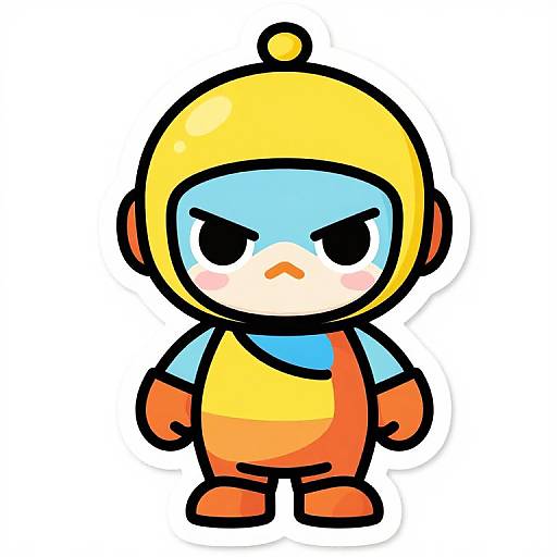 Chibi-style drawing of a cute, angry astronaut baby with a yellow helmet, blue face, orange bodysuit, and red gloves.