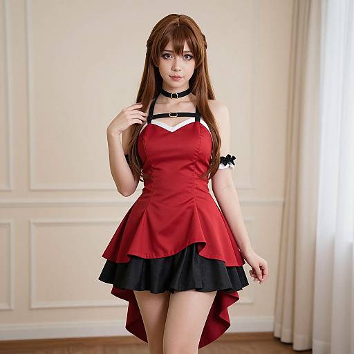 Photograph of a young woman with long brown hair, wearing a red and black dress with a choker, standing in a bright, minimalist room.