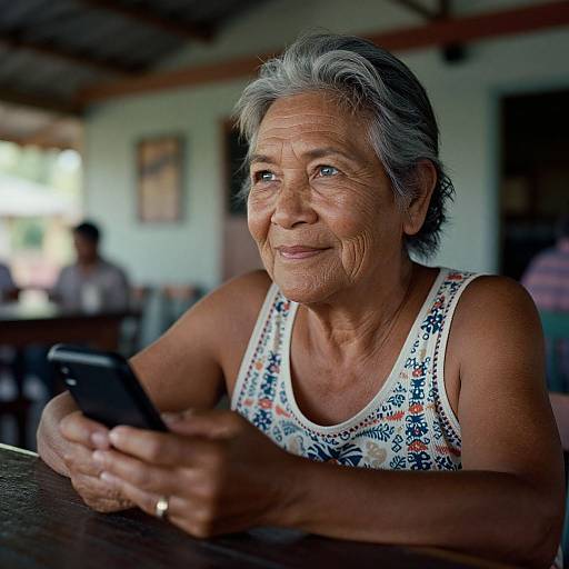 Middle-aged Micronesian Woman with Smartphone in Countryside Tavern