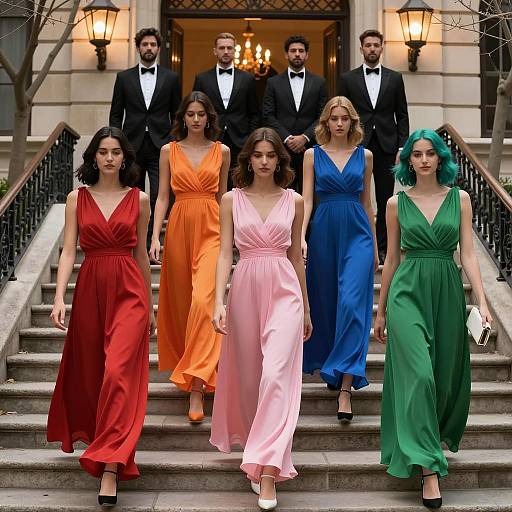 Elegant Women in Colorful Dresses Ascend Steps