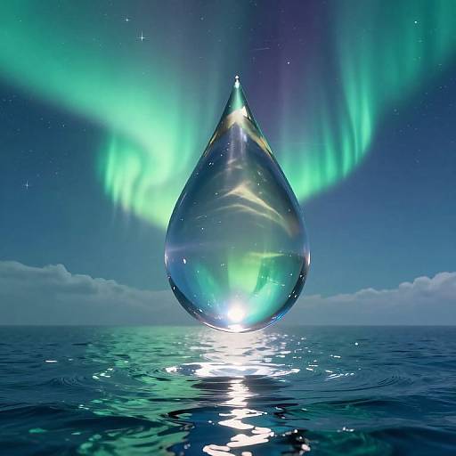Photograph of a large, transparent water droplet floating on a calm ocean, illuminated by green northern lights and a starry sky.