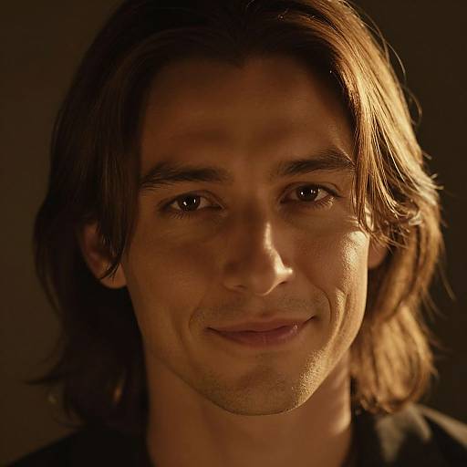 Photograph of a smiling man with shoulder-length brown hair, illuminated from the right, against a dark background, highlighting his facial features.