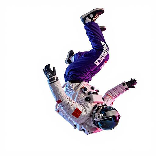 Photograph of a person in a white astronaut suit with purple pants, black helmet, and gloves, falling or floating upside-down against a white background.