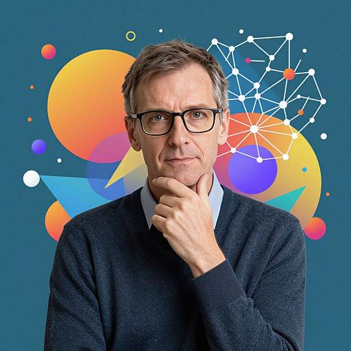 Thoughtful Middle-Aged Man with Abstract AI Background