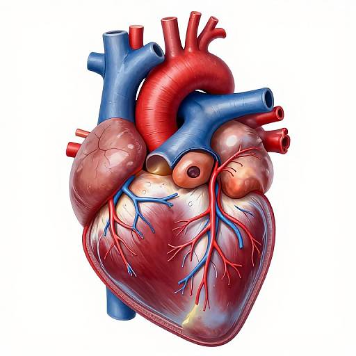 Detailed digital illustration of a human heart with vibrant red, blue, and pink veins, arteries, and valves against a white background.