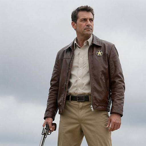 Confident Man with Revolver in Leather Jacket