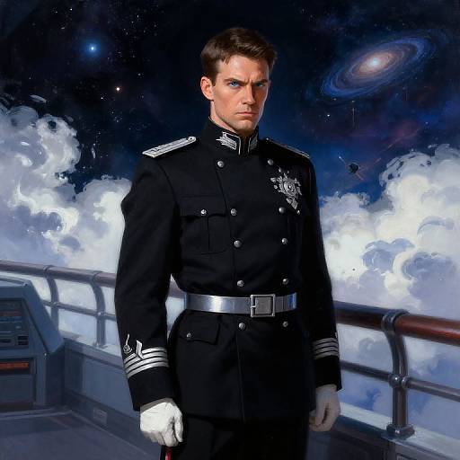 Photorealistic digital artwork of a stern, brown-haired male military officer in a black uniform with white gloves, standing on a spaceship deck against a cosmic